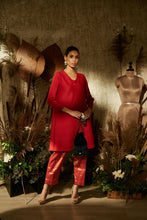 Load image into Gallery viewer, Elegant Pleated &amp; Brocade Tunic Set- Vermillon Red