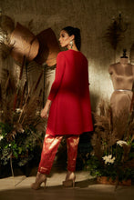 Load image into Gallery viewer, Elegant Pleated &amp; Brocade Tunic Set- Vermillon Red
