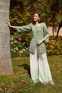 Dainty Diana embellished tunic with ombre organza sharara and dia belt- Mint