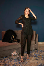 Load image into Gallery viewer, Fragrant Floral Peplum Sequence Top with Pants- Black