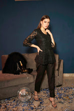 Load image into Gallery viewer, Fragrant Floral Peplum Sequence Top with Pants- Black