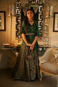 Nora Asymmetrical Top with Brocade Ghagra and Velvet Zardozi Belt - Green