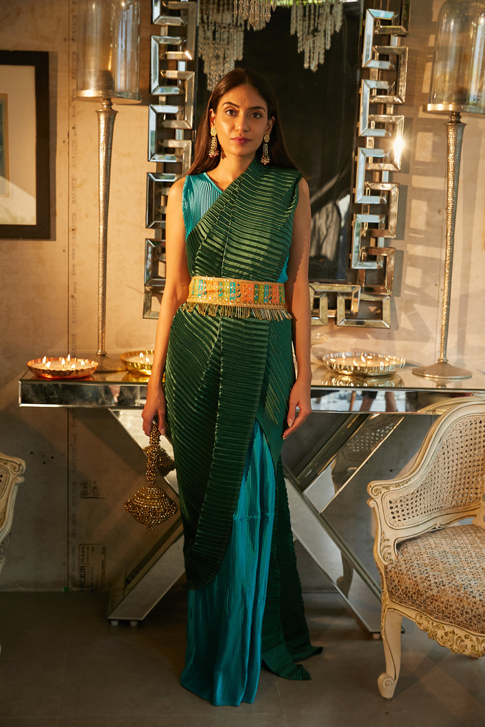 Classy Pleated Colour Block Gown Saree With Belt - Teal & Green
