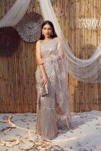 Load image into Gallery viewer, Metallic Pleated Gown Saree with Floral Mesh Palla