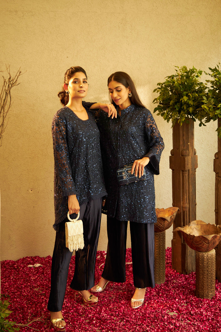 Fragrant Floral Peplum Sequence Tunic Co-ordinated with Pleated Pants - Lapis