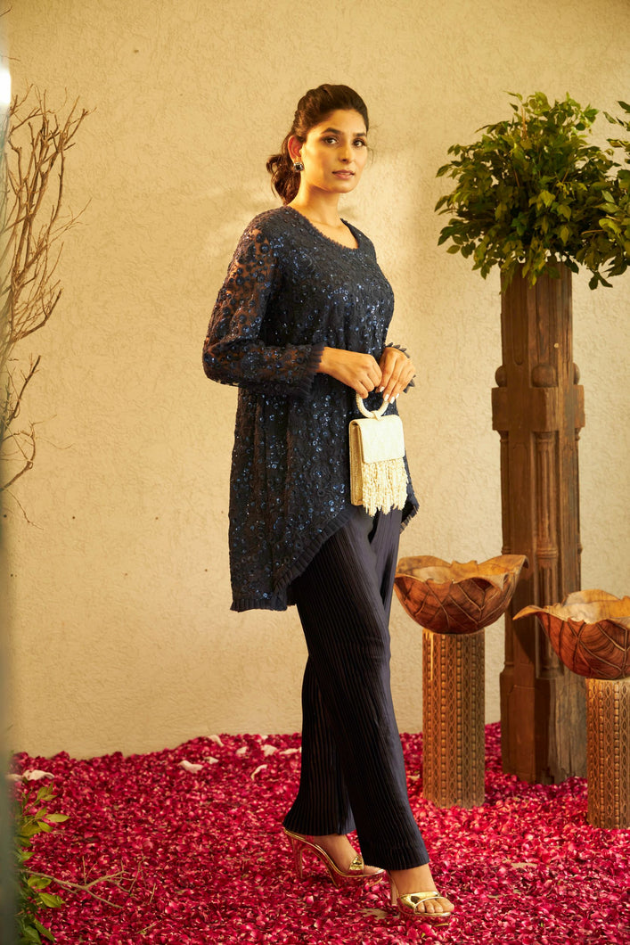 Fragrant Floral Uptown Sequence Tunic Co-ordinated with Pleated Pants - Lapis