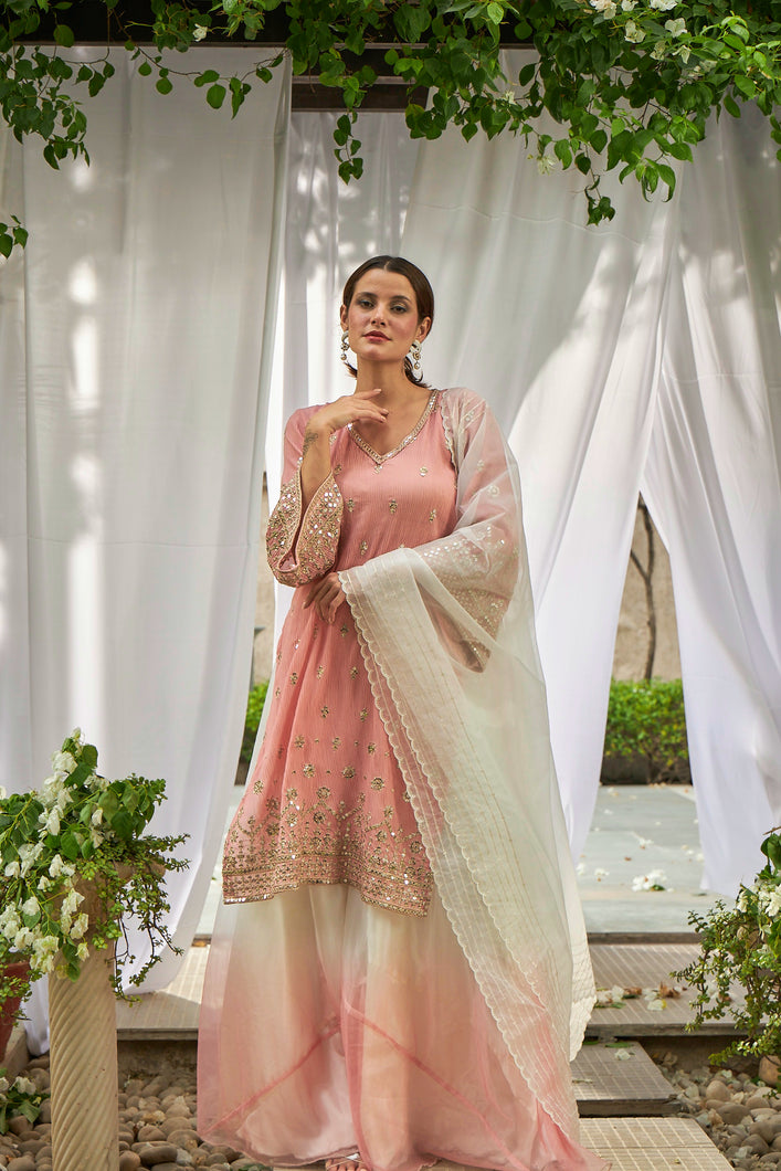 Dainty Diana Embellished Long Tunic with Ombre Organza Sharara and Embroidered Dupatta - Pink