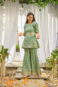 Dainty Mademoiselle Embellished Sharara Set - Mint Green