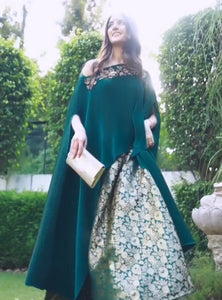 Meher Taluja in our Divine Embroidered Cape with Brocade Ghagra - Green