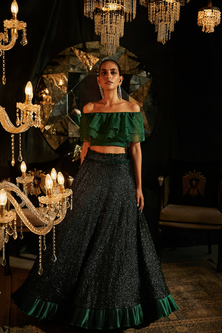 Bedazzling Sequence Ghagra with Organza Ruffle Blouse and Belt - Emerald Green