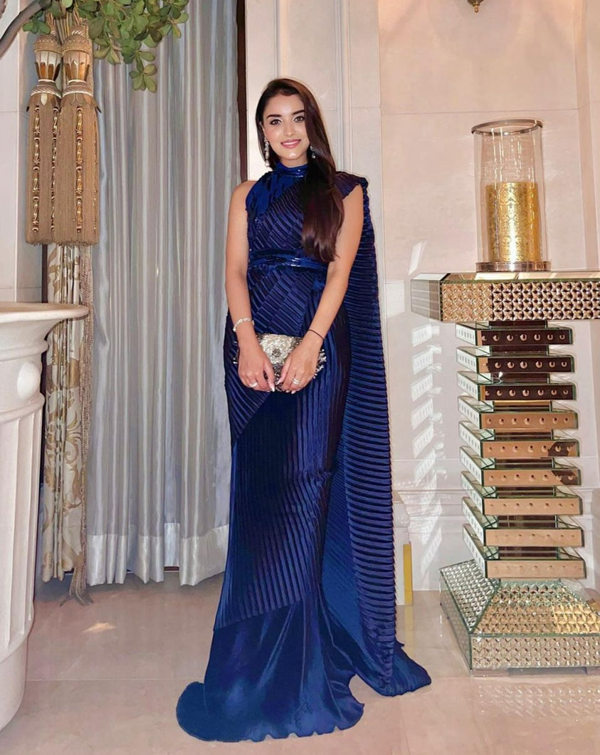 Shivani Girdhar in our Bedazzling Sewed Pleated Saree with Sequence Blouse with Belt - Midnight Blue