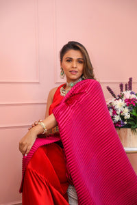 Tina Dhanak in our Classy Pleated Colour Block Gown Saree - Red & Magenta