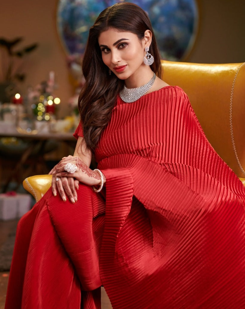 Mouni Roy in Classy Pleated Gown Saree - Red