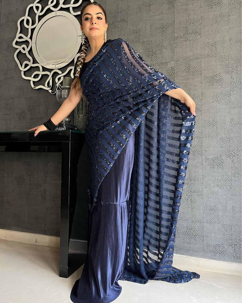 Gurleen Gambhir in our Idylic Adorned Gown Saree With Sequence Palla - Midnight Blue