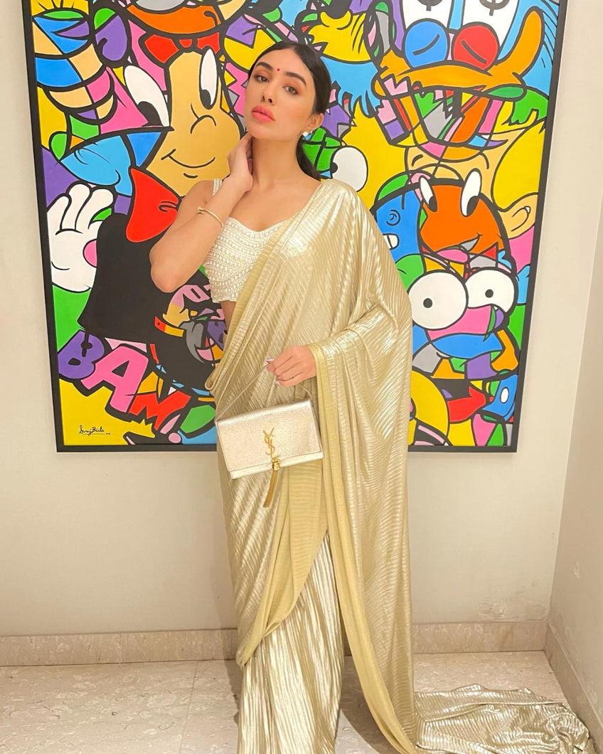Reshma Arora in our Saia Metallic Slit Saree with Embellished Pearl Blouse - Nude