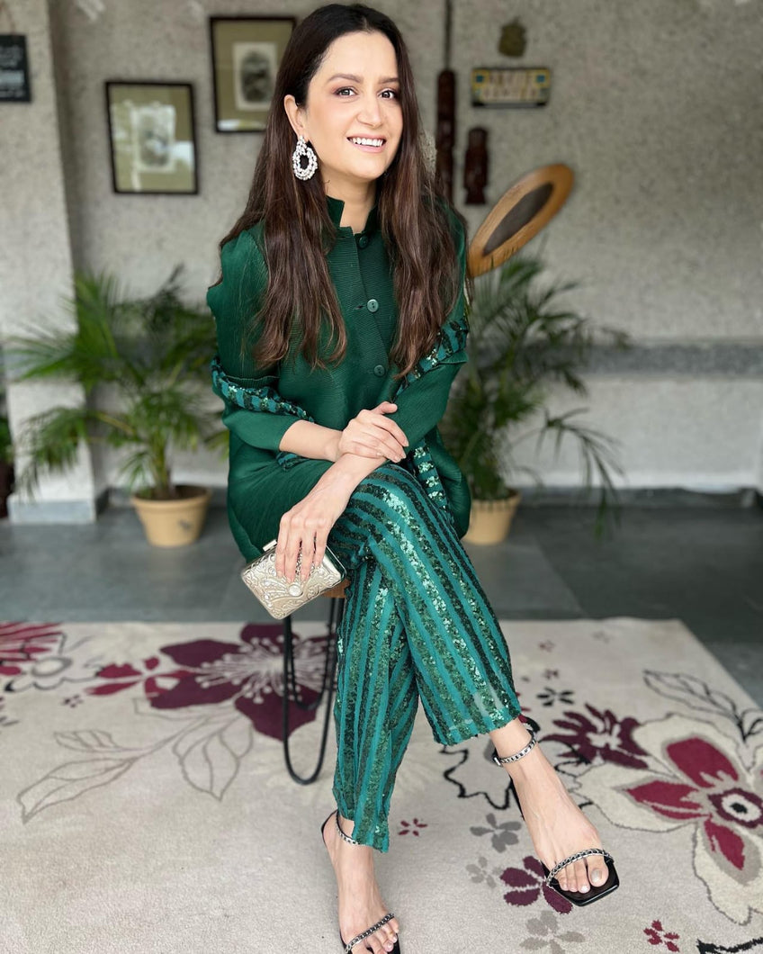 Asmita (Style_me_subtle) in our Bandgala Tunic Set with Seq Pant and Seq Scarf - Green