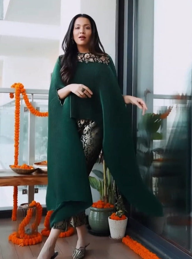Malvika Nagpal in our Divine Embroidered Cape with Brocade Pants - Green