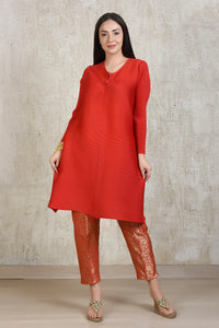 Elegant Pleated & Brocade Tunic Set- Vermillon Red