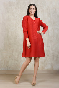 Elegant Pleated & Brocade Tunic Set- Vermillon Red