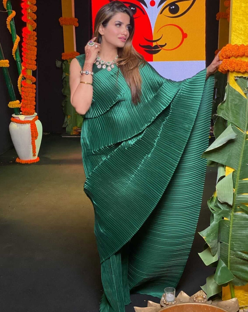 Guneet Virdhi in our Classy Pleated Gown Saree - Green