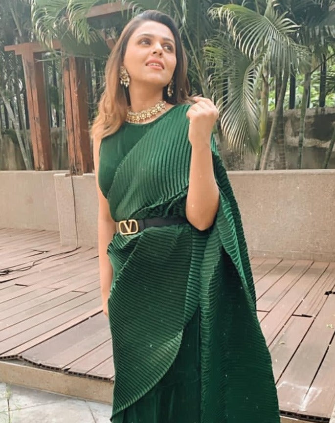 Tina Dhanak in our Classy Pleated Gown Saree - Green
